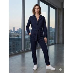 MAJE Navy Prato Serge Canvas Jumpsuit Straight Leg Utility Boilersuit Sz 36 /2